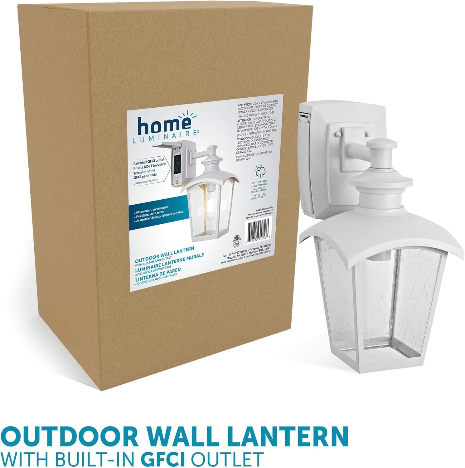 31856 Spence 1-Light Outdoor Wall Lantern with Seeded Glass and Built-In GFCI Outlet, White