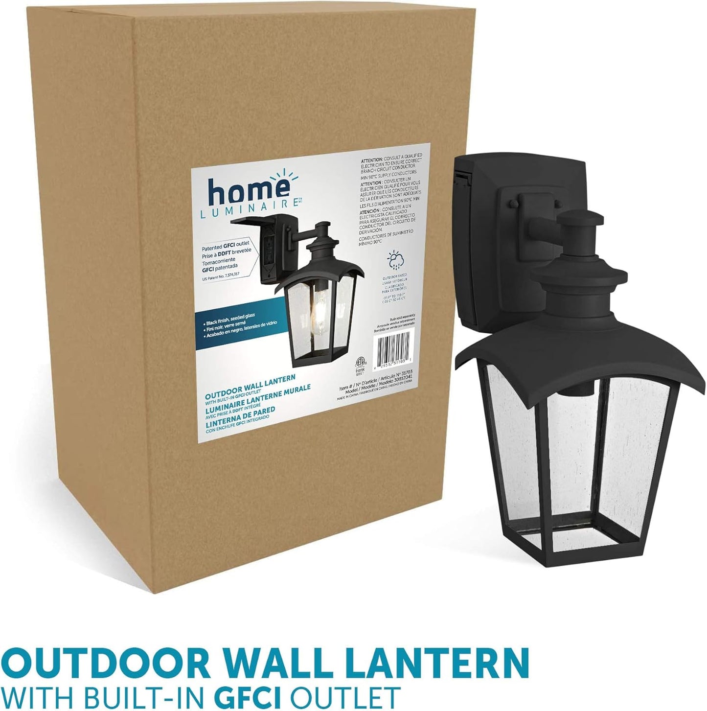 31703 Spence 1-Light Outdoor Wall Lantern with Seeded Glass and Built-In GFCI Outlet, Black