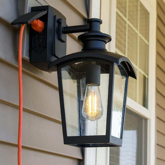 31703 Spence 1 - Light Outdoor Wall Lantern with Seeded Glass and Built - In GFCI Outlet, Black - Rtigos