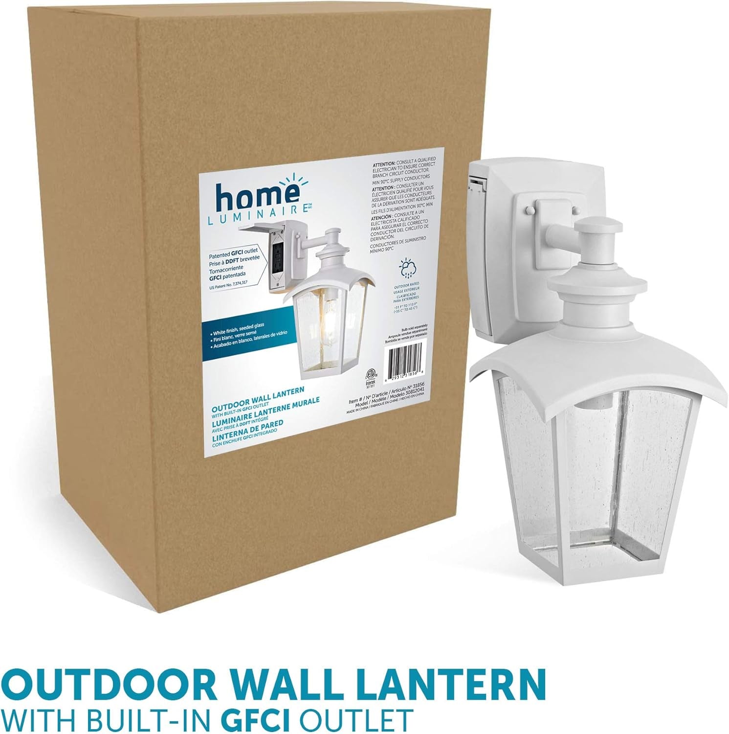 31856 Spence 1 - Light Outdoor Wall Lantern with Seeded Glass and Built - In GFCI Outlet, White - Rtigos