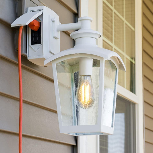 31856 Spence 1 - Light Outdoor Wall Lantern with Seeded Glass and Built - In GFCI Outlet, White - Rtigos