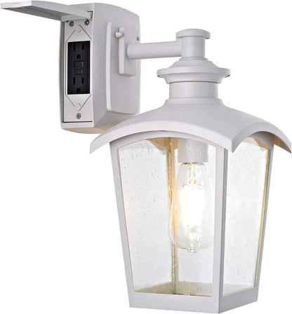 31856 Spence 1-Light Outdoor Wall Lantern with Seeded Glass and Built-In GFCI Outlet, White