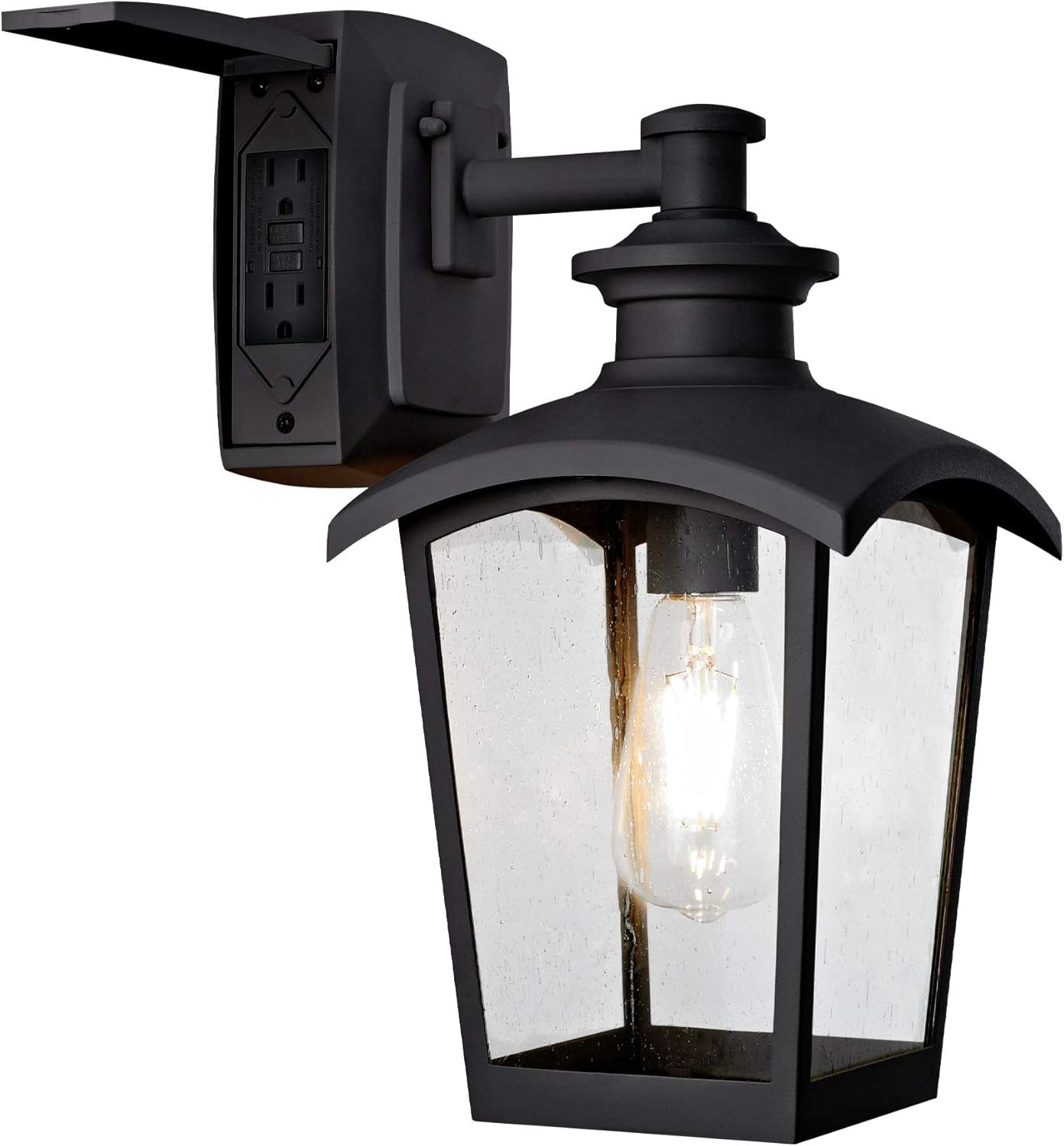 31703 Spence 1-Light Outdoor Wall Lantern with Seeded Glass and Built-In GFCI Outlet, Black