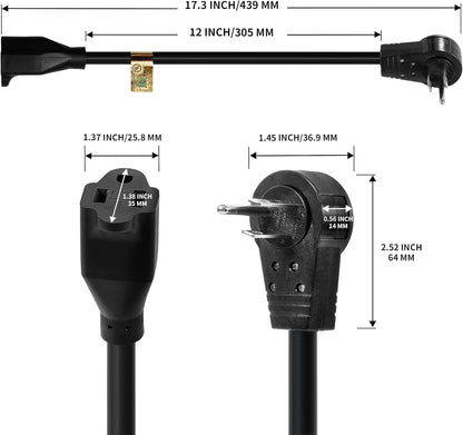 360° Rotating Flat Plug Extension Cord 1 Foot, 14AWG 3 Prong Extension Cord, Low Profile Right Angle Power Cord, Flat Extension Cord Grounded Wire, 15A- UL Certified, Black