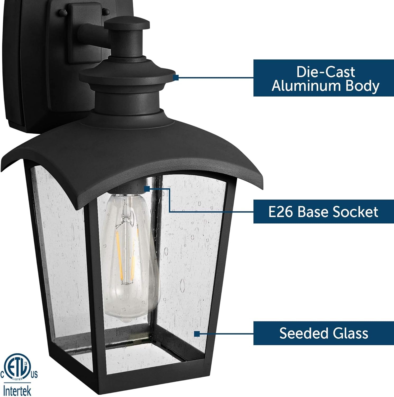 31703 Spence 1-Light Outdoor Wall Lantern with Seeded Glass and Built-In GFCI Outlet, Black