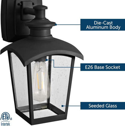 31703 Spence 1-Light Outdoor Wall Lantern with Seeded Glass and Built-In GFCI Outlet, Black